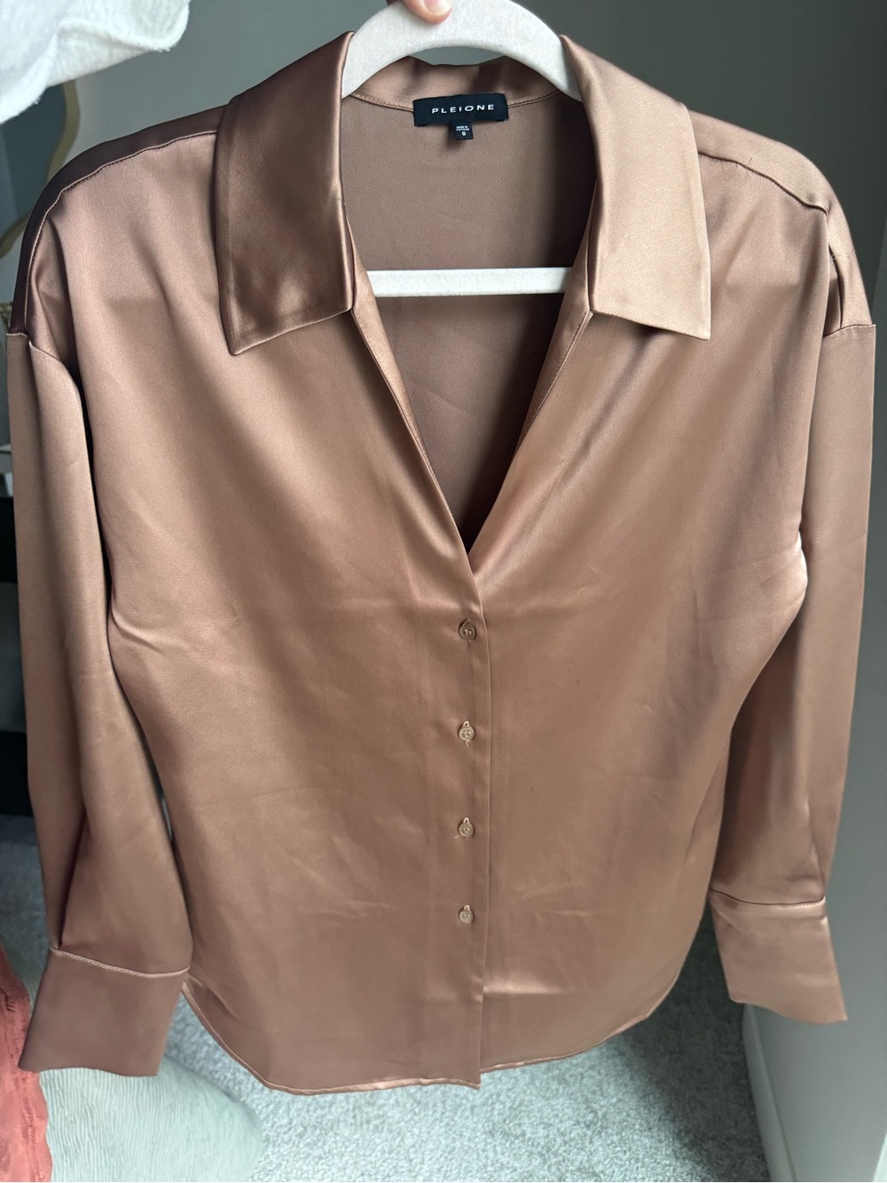 Pleione Satin Button-Down Shirt — Taupe Brown